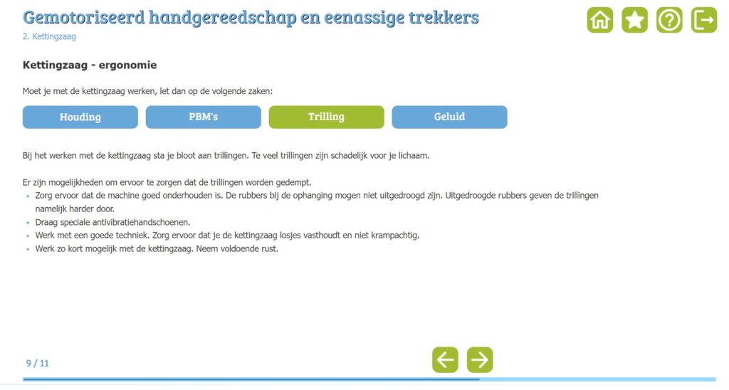 Screenshot van een slide uit een lesmodule. De student kan hier klikken op de knop met het onderwerp waar hij meer over wil weten, waarna daar meer uitleg over verschijnt.