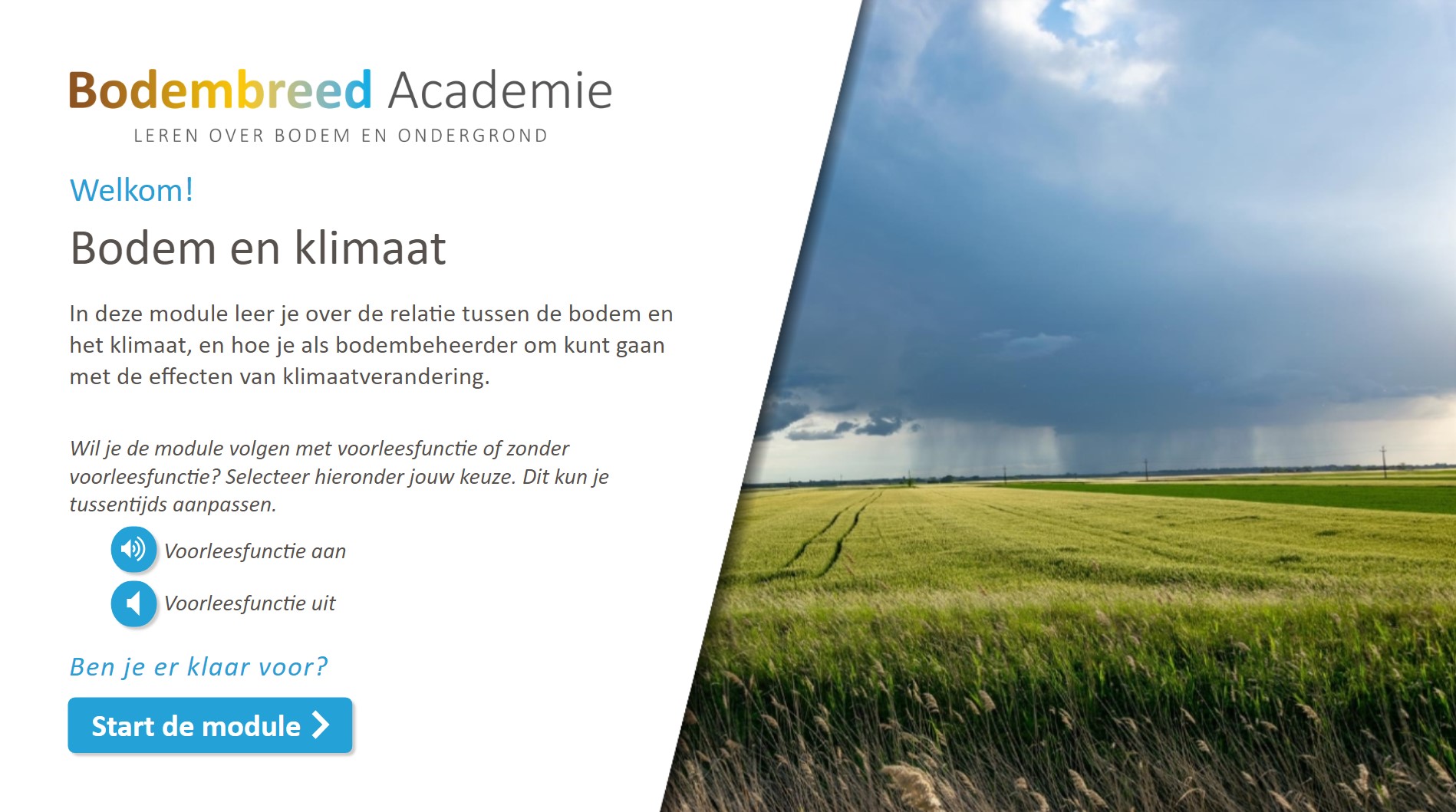 Screenshot van de cover van een module over Bodem en Klimaat, met rechts de introductie en links een foto van een regenbui boven een akker.